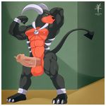 2017 3_toes 4_fingers aaron_(artist) abs anthro athletic balls barefoot beau_mayberry biceps big_muscles big_penis black_fur black_nose black_tail border canine claws condom countershade_face countershade_torso countershading digital_media_(artwork) erection fan_character flexing foreskin front_view full-length_portrait fur hand_behind_head hi_res horn houndoom humanoid_penis looking_at_viewer male mammal markings multicolored_fur muscular muscular_male nintendo nipples nude orange_balls orange_countershading orange_fur pecs penis pepsi_(fa) pink_nipples pink_penis plantigrade pok&eacute;mon portrait pose quads red_eyes signature snout solo spade_tail standing toe_claws toes two_tone_fur uncut vein veiny_penis video_games wearing_condom white_border white_claws white_horn 