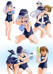  akatsuki_(kantai_collection) barefoot blue_eyes blue_swimsuit bottle brown_eyes brown_hair commentary fighting flat_cap folded_ponytail hair_ornament hairclip hat hibiki_(kantai_collection) highres ikazuchi_(kantai_collection) inazuma_(kantai_collection) kantai_collection long_hair looking_at_viewer mu-pyon multiple_girls name_tag old_school_swimsuit one-piece_swimsuit purple_hair school_swimsuit short_hair silver_hair spray_bottle swimsuit translated twitter_username water_gun 