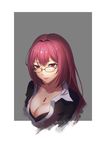  absurdres black-framed_eyewear black_bra bra breasts cleavage collarbone fate/grand_order fate_(series) glasses highres jewelry long_hair looking_at_viewer maomaozi medium_breasts necklace open_clothes open_shirt red_eyes red_hair scathach_(fate)_(all) scathach_(fate/grand_order) shirt solo underwear upper_body 