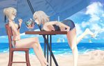  absurdres artoria_pendragon_(all) barefoot beach bent_over bikini black_bikini black_ribbon black_shirt blonde_hair blue_shorts breast_press breasts cloud cloudy_sky covered_nipples crossed_arms crossed_legs day eye_contact fate_(series) food from_side hair_ribbon highres ice_cream jeanne_d'arc_(alter)_(fate) jeanne_d'arc_(fate)_(all) large_breasts leg_up legs looking_at_another maomaozi midriff multiple_girls ocean outdoors ribbon saber_alter shirt short_hair short_shorts shorts side-tie_bikini sideboob silver_hair sitting sky sleeveless sleeveless_shirt strap_gap swimsuit thighs torn_clothes torn_shorts yellow_eyes 