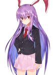  :/ animal_ears asuzemu bangs blazer breasts bunny_ears closed_mouth commentary cowboy_shot crescent crescent_moon_pin hand_on_hip jacket long_hair long_sleeves looking_at_viewer necktie pink_skirt purple_hair red_eyes red_neckwear reisen_udongein_inaba skirt small_breasts solo standing touhou very_long_hair 
