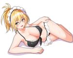  bare_shoulders blonde_hair breasts cleavage elf etan14 green_eyes groin high_ponytail hips large_breasts long_hair looking_at_viewer lying maid_(etan14) maid_cap navel on_side open_mouth original pointy_ears ponytail shadow simple_background smile solo thighs white_background 