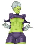  1girl breasts chirai closed_mouth dragon_ball dragon_ball_super dragon_ball_super_broly flashing gloves green_skin large_breasts looking_at_viewer midriff navel nipples no_bra pink_eyes short_hair short_sleeves shorts simple_background smile smug solo splayter thigh_gap white_background white_gloves white_hair 