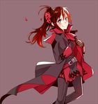 adapted_costume alternate_costume alternate_hair_length alternate_hairstyle artist_name cosplay flower gloves hair_flower hair_ornament kuma_(bloodycolor) long_coat long_hair looking_at_viewer red_hair ruby_rose rwby silver_eyes smile solo weiss_schnee weiss_schnee_(cosplay) 