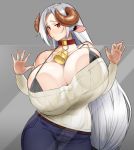  1girl against_glass animal_ears bangs bare_shoulders bell belt black_bra bra bralines breast_press breasts breasts_on_glass burakku-ra cleavage collar commission covered_navel cow_bell cow_ears curled_horns curvy denim grey_background heart highres huge_breasts jeans long_hair low-tied_long_hair mole mole_under_eye off-shoulder_sweater original pants parted_bangs plump red_eyes ribbed_sweater silver_hair simple_background solo sweater underwear very_long_hair white_sweater 