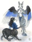  2006 anthro black_hair bottomless breasts chakat chakona_space clothed clothing duo feathered_wings feathers feline female hair humanoid kacey loincloth mammal navel shadowcrest tales_of_the_folly taur topless winged_humanoid wings 