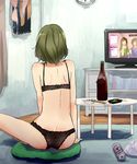  arm_support bare_arms bare_back bare_legs bare_shoulders barefoot beer_can black_bow black_bra black_panties bottle bow bow_bra bra can chopsticks clock commentary_request cushion food from_behind green_hair highres idolmaster idolmaster_cinderella_girls indoors lace lace-trimmed_bra lace-trimmed_panties looking_away panties polka_dot polka_dot_bra polka_dot_panties qvc round_table rug short_hair shoulder_blades sitting solo table takagaki_kaede television underwear underwear_only wall_clock watching_television wine_bottle xinxinzi 