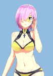  bikini blue_background blush breasts cross dive_to_blue fare fate/grand_order fate_(series) hair_over_one_eye hair_tucking highres lavender_hair looking_at_viewer mash_kyrielight medium_breasts navel parted_lips purple_eyes short_hair solo standing stomach swimsuit visor wet yellow_bikini 
