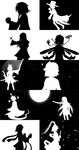  adagumo_no_saragimaru androgynous bad_apple!! big_hat clause enraku_tsubakura ghost_tail greyscale hat highres houlen_yabusame japanese_clothes len'en long_hair monochrome negative parody scarf senri_tsurubami shion_(len'en) shitodo_kuroji short_hair smile taira_no_chouki taira_no_fumikado top_hat touhou triangular_headpiece ximsol182 zuifeng_tenkai 