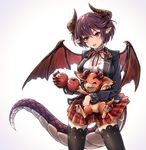  :d apple black_legwear dragon_horns dragon_tail dragon_wings food fruit granblue_fantasy grea_(shingeki_no_bahamut) highres horns keepvalley long_sleeves open_mouth plaid plaid_skirt pointy_ears purple_hair red_eyes red_skirt shingeki_no_bahamut shirt short_hair skirt smile standing tail thighhighs vee_(granblue_fantasy) white_shirt wings zettai_ryouiki 