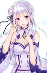  blush breasts choker cleavage emilia_(re:zero) floating_hair flower hair_flower hair_ornament hair_ribbon head_tilt highres long_hair looking_at_viewer maria_(maria0304) medium_breasts open_mouth pointy_ears purple_eyes purple_ribbon re:zero_kara_hajimeru_isekai_seikatsu ribbon shiny shiny_skin silver_hair solo standing tears upper_body very_long_hair white_background white_flower 