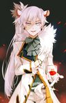  alcohol alternate_costume alternate_universe animal_ears artist_name blue_eyes cravat cup drinking_glass fangs gloves kuma_(bloodycolor) long_hair looking_at_viewer rwby scar scar_across_eye solo weiss_schnee white_hair wine wine_glass 