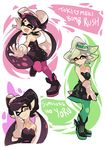  2girls :d ;) ankle_boots aori_(splatoon) black_dress black_footwear black_hair black_jumpsuit boots brown_eyes closed_eyes closed_mouth commentary cousins detached_collar domino_mask dress earrings english fangs food food_on_head gloves green_legwear grey_hair hotaru_(splatoon) jewelry light_smile long_hair looking_at_viewer mask mole mole_under_eye multiple_girls object_on_head one_eye_closed open_mouth pantyhose pointing pointing_up pointy_ears purple_legwear short_dress short_hair short_jumpsuit smile splatoon_(series) standing standing_on_one_leg strapless strapless_dress sushi tentacle_hair white_gloves wong_ying_chee 