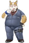  2017 5_fingers anthro armband band-aid bandage blush brown_eyes brown_nose canine clothed clothing dog dripping fingerless_gloves footwear fully_clothed fur gloves hand_on_hip headphones inner_ear_fluff jumpsuit kemono looking_at_viewer male mammal open_mouth overweight overweight_male sheeporwolf shirt shoes simple_background solo standing stocky sweat tan_fur teeth tongue tool_belt tools white_background white_fur wide_eyed wrench 