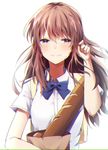  blue_bow blue_neckwear bow bowtie bread brown_eyes brown_hair chromatic_aberration dress_shirt eyebrows_visible_through_hair floating_hair food hair_between_eyes hand_in_hair highres koe_no_katachi long_hair looking_at_viewer nishimiya_shouko picho_(pixiv1417593) shirt short_sleeves simple_background sketch smile solo standing upper_body very_long_hair white_background white_shirt 