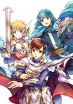  2boys armor asvel_(fire_emblem) blonde_hair blue_eyes blue_hair blush brown_eyes brown_hair cape dress fire_emblem fire_emblem:_seisen_no_keifu fire_emblem:_thracia_776 gloves highres leaf_(fire_emblem) long_hair looking_at_viewer multiple_boys nanna_(fire_emblem) short_hair smile sword weapon yukimiyuki 