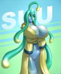  1girl antenna_hair blush breasts closed_mouth functionally_nude green_eyes green_hair huge_breasts long_hair long_sleeves looking_at_viewer marauder6272 monster_girl monster_musume_no_iru_nichijou navel raincoat slime_girl smile solo standing suu_(monster_musume) 