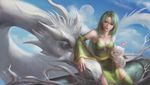  artist_name asymmetrical_bangs bangs bat_wings blue_eyes blue_sky blush breasts cape cleavage cloud cowboy_shot day detached_sleeves dragon dress felix_(luoxia) final_fantasy final_fantasy_iv green_cape green_dress green_eyes green_hair green_legwear looking_at_viewer medium_breasts mist_dragon moogle moon older outdoors rydia sash short_hair sitting sky spoilers thighhighs tiara wide_sleeves wings 