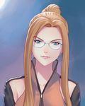  blonde_hair blue_background blue_eyes close-up closed_mouth collarbone commentary face fateline_alpha final_fantasy final_fantasy_viii glasses hair_bun high_collar highres jacket lips long_hair looking_at_viewer pink_lips quistis_trepe sidelocks smile solo zipper 