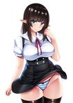  ass_visible_through_thighs bangs black_hair black_legwear black_skirt blouse blue_eyes blue_panties blunt_bangs blush breasts closed_mouth commentary_request cowboy_shot curvy elf eyebrows_visible_through_hair high-waist_skirt hips ishimiso_(ishimura) large_breasts long_hair looking_at_viewer meme_attire neck_ribbon original panties pointy_ears revision ribbon school_uniform shiny shiny_skin short_sleeves sidelocks simple_background skirt smile solo standing striped striped_panties suspender_skirt suspenders thigh_gap thighhighs thighs underbust underwear virgin_killer_outfit white_background white_blouse wind wind_lift 