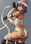  alternate_costume ass bandages bare_shoulders black_legwear breasts dark_skin egyptian_clothes finalcake fingerless_gloves gloves gradient gradient_background green_eyes grey_background leg_lift looking_at_viewer medium_breasts menat paw_pose purple_hair short_hair smile soles solo street_fighter street_fighter_v thighhighs thighs 