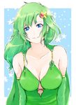  asymmetrical_bangs bangs bare_shoulders blue_background blue_eyes border breasts cape cleavage closed_mouth collarbone commentary_request detached_sleeves dress eyebrows_visible_through_hair final_fantasy final_fantasy_iv green_cape green_dress green_hair hair_ornament long_hair looking_at_viewer maira medium_breasts older outline rydia solo spoilers star starry_background upper_body white_border white_outline 