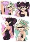  2girls :d aori_(splatoon) black_dress black_hair black_jumpsuit brown_eyes closed_eyes closed_mouth cousins detached_collar domino_mask dress earrings english facing_viewer fangs food food_on_head from_side gloves grey_hair hotaru_(splatoon) jewelry light_smile long_hair looking_at_another mask mole mole_under_eye multiple_girls music object_on_head one_eye_closed open_mouth parted_lips pointy_ears short_hair singing smile splatoon_(series) standing strapless strapless_dress sushi tentacle_hair white_gloves wong_ying_chee 