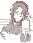  bags_under_eyes brown_eyes brown_hair choker commentary_request fingernails headphones idolmaster idolmaster_cinderella_girls k52 lace lace_choker long_hair looking_at_viewer looking_away microphone muted_color paper solo studio_microphone upper_body zaizen_tokiko 
