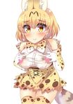  animal_ears animal_print bangs bare_shoulders batten belt blonde_hair blush bow bowtie breasts censored closed_mouth commentary cross-laced_clothes elbow_gloves eyebrows_visible_through_hair gloves hair_between_eyes hands_on_own_chest heart heart_censor high-waist_skirt highres kemono_friends large_breasts looking_at_viewer print_bow print_legwear print_skirt serval_(kemono_friends) serval_ears serval_print serval_tail shiny shiny_hair shiny_skin shirt short_hair simple_background skirt sleeveless sleeveless_shirt smile solo standing tail taut_clothes taut_shirt thighhighs white_background white_shirt yellow_eyes yellow_skirt 