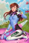  ;) animal_print blue_bodysuit bodysuit breasts brown_eyes brown_hair bunny_print d.va_(overwatch) facepaint gloves headphones high_collar highres hollywood_sign lips looking_at_viewer manda_schank mecha meka_(overwatch) nose one_eye_closed overwatch pauldrons pilot_suit pink_lips ribbed_bodysuit shoulder_pads sitting skin_tight small_breasts smile solo v v_over_eye wariza whisker_markings white_gloves 