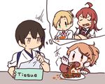  age_regression ahoge aquila_(kantai_collection) arashi_(kantai_collection) betchan blonde_hair brown_eyes brown_hair commentary eating food fork green_eyes hair_ornament hairclip japanese_clothes kaga_(kantai_collection) kantai_collection long_hair maikaze_(kantai_collection) multiple_girls pasta plate ponytail red_hair short_hair side_ponytail surprised sweatdrop tissue_box white_background younger 