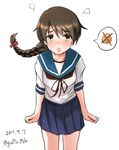  blue_sailor_collar blue_skirt blush braid brown_eyes brown_hair commentary_request dated giraffe_(ilconte) highres kantai_collection leaning_forward long_hair looking_at_viewer outstretched_wrists pleated_skirt potato sailor_collar school_uniform serafuku simple_background single_braid skirt solo speech_bubble twitter_username uranami_(kantai_collection) white_background 