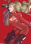  blonde_hair blue_eyes bodysuit boots breasts cat_tail cleavage cleavage_cutout earrings gloves gun highres imdsound jewelry large_breasts long_hair looking_at_viewer open_mouth persona persona_5 red_footwear red_legwear simple_background solo tail takamaki_anne thigh_boots thighhighs twintails weapon 