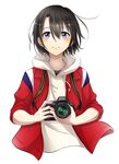  androgynous black_hair black_shirt blue_eyes blush camera cropped_torso hair_between_eyes holding holding_camera hood hooded_sweater koe_no_katachi looking_at_viewer nikon_(company) nishimiya_yuzuru shirt short_hair simple_background smile solo standing sweater white_background white_sweater youta_(pixiv2373995) 