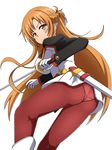  1girl artist_request ass asuna_(sao) boots breasts gloves half_updo headset large_breasts long_hair looking_at_viewer orange_eyes orange_hair panties panties_under_pantyhose pantyhose red_legwear shiny shiny_hair sideboob solo sword sword_art_online sword_art_online_the_movie:_ordinal_scale uniform very_long_hair weapon 