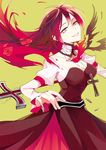  alternate_costume alternate_hairstyle alternate_universe cape_removed corset cross cross_necklace flower jewelry kuma_(bloodycolor) long_hair looking_at_viewer necklace red_hair rose ruby_rose rwby silver_eyes solo 