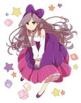  alphabet_blocks ayabe_kihachirou bangs bare_shoulders blush bow braid brown_eyes closed_mouth commentary cube dot_nose dress frilled_skirt frills full_body grey_hair hair_bow leaning_forward long_hair long_sleeves looking_at_viewer purple_bow purple_footwear purple_skirt rakudai_ninja_rantarou ribbed_dress sekina shoes skirt solo star very_long_hair white_background white_dress 