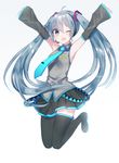 ;d aqua_neckwear armpits arms_up bad_id bad_pixiv_id black_footwear black_legwear black_skirt blue_eyes blue_hair boots detached_sleeves engawa_(l_sv) gradient gradient_background grey_background hatsune_miku headset highres long_hair looking_at_viewer necktie one_eye_closed open_mouth skirt smile solo thigh_boots thighhighs twintails vocaloid white_background zettai_ryouiki 