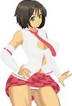  1girl ahoge arm_warmers ayame_(senran_kagura) ayame_(senran_kagura)_(cosplay) black_hair breasts cosplay green_eyes hand_on_hips honchan large_breasts lowres miniskirt navel nchallenge nchans necktie pixel_art red_necktie red_skirt school_uniform short_hair solo standing warner 