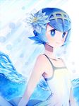  bare_arms bare_shoulders blue_eyes blush dress flower from_side gen_7_pokemon hair_flower hair_ornament hairband looking_at_viewer naoto_(yandereheaven) pokemon pokemon_(creature) pokemon_(game) pokemon_sm short_hair signature sleeveless sleeveless_dress smile solo suiren_(pokemon) trial_captain upper_body water white_dress wishiwashi 
