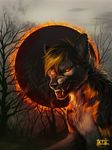  anthro black_nose canine detailed_background eclipse male mammal open_mouth orange_eyes solo tatiilange teeth tongue were werewolf 