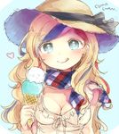  blonde_hair blue_background blue_eyes blue_hair breasts cleavage commandant_teste_(kantai_collection) food hat ice_cream iipoyo_(364poyo) kantai_collection long_hair looking_at_viewer medium_breasts multicolored multicolored_clothes multicolored_hair multicolored_scarf red_hair scarf simple_background solo straw_hat streaked_hair sun_hat tongue tongue_out upper_body white_hair 