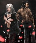  1girl aranea_highwind borrowed_garments breasts cleavage final_fantasy final_fantasy_xv gladiolus_amicitia looking_at_viewer looking_back navel silver_hair smile tattoo 