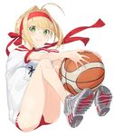  ahoge bangs basketball blush braid buruma c: closed_mouth commentary_request fate/extra fate/grand_order fate_(series) full_body gym_uniform hair_intakes hayashi_kewi headband knees_up legs_together looking_at_viewer name_tag nero_claudius_(fate) nero_claudius_(fate)_(all) olympian_bloomers red_buruma shoes short_sleeves sidelocks simple_background sitting smile sneakers solo thighs white_background 