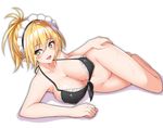  1girl bare_shoulders blonde_hair bottomless breasts cleavage elf etan14 green_eyes groin high_ponytail hips large_breasts long_hair lying maid_cap navel on_side open_mouth original photoshop pointy_ears ponytail shadow simple_background smile solo thighs white_background 