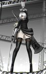  black_blindfold black_dress black_footwear black_hairband blindfold boots breasts cleavage_cutout dress facing_viewer feather-trimmed_sleeves hairband highleg highleg_leotard huge_weapon juliet_sleeves leotard long_sleeves medium_breasts mole mole_under_mouth nier_(series) nier_automata pod_(nier_automata) puffy_sleeves short_hair silver_hair solo standing sword tecnomayro thigh_boots thighhighs thighhighs_under_boots vambraces weapon weapon_on_back white_leotard yorha_no._2_type_b 