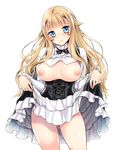  ass_visible_through_thighs black_bow black_neckwear blonde_hair blue_eyes blush bow bowtie breasts breasts_apart breasts_outside closed_mouth corset cowboy_shot eyebrows_visible_through_hair head_tilt kurosawa_kiyotaka large_breasts lifted_by_self long_hair long_sleeves looking_at_viewer nipples princess_(princess_principal) princess_principal school_uniform shirt shirt_lift simple_background skirt skirt_lift smile solo standing very_long_hair white_background white_shirt 