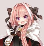  artist_name astolfo_(fate) bangs black_bow black_ribbon bow braid commentary eyebrows_visible_through_hair eyes_visible_through_hair fang fate/apocrypha fate/grand_order fate_(series) fummy grey_background hair_intakes hair_ornament hair_ribbon looking_at_viewer male_focus multicolored_hair open_mouth otoko_no_ko pink_hair purple_eyes ribbon simple_background single_braid smile streaked_hair v 