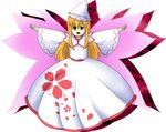  blonde_hair dress fairy_wings floral_print flower green_eyes hair_flower hair_ornament hat hidden_star_in_four_seasons lily_white long_hair looking_at_viewer oota_jun'ya_(style) outstretched_arms petals pink_flower smile solo touhou white_dress white_hat wings zieghost 
