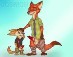  animal_genitalia animal_penis black_nose canine canine_penis clothing disney fennec finnick fox green_eyes joswigei knot male male/male mammal necktie nick_wilde pants penis sheath shirt size_difference zootopia 